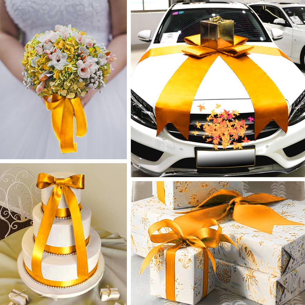 CenterZ 6 inch x 24 yards Long Golden Yellow Satin Ribbon, Wide Solid Fabric Ribbons Roll for Halloween Wedding Birthday Party Decoration, Gift Wrapping, Handmade Craft Bow, Chair Sash, Indoor Outdoor
