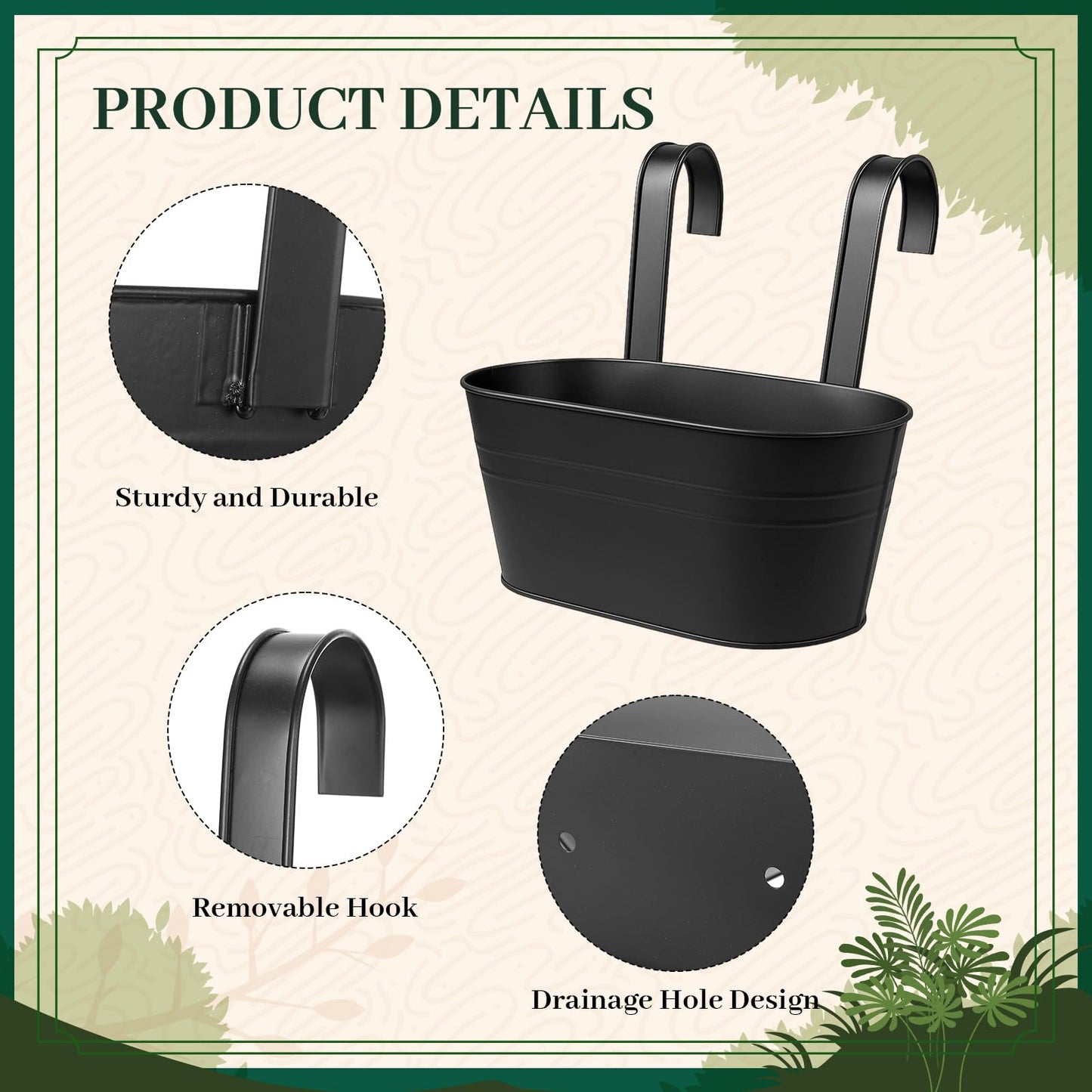 Romooa 16 Pcs Hanging Flower Pots Planters for Outdoor Metal Iron Wall Flower Planter Baskets for Railing Fence Balcony Garden Yard Home Indoor Decoration with Detachable Hooks(Black)