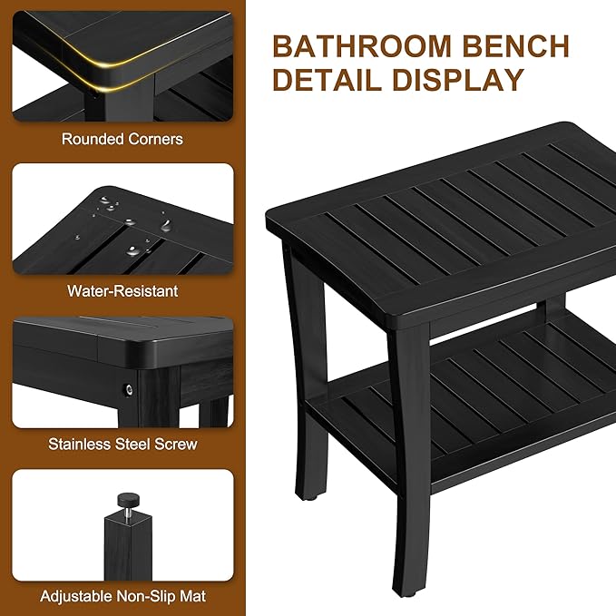Extra Bamboo Black Shower Bench Stool Waterproof Shower Chair Spa Bath Seat