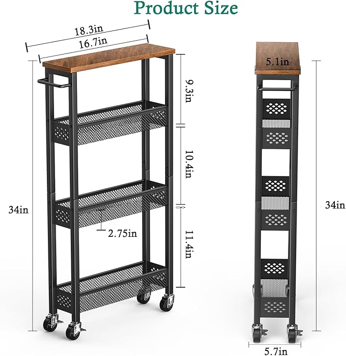 XYZLVSI Slim Storage Cart 4 Tier Narrow Kitchen Rolling Cart on Wheels