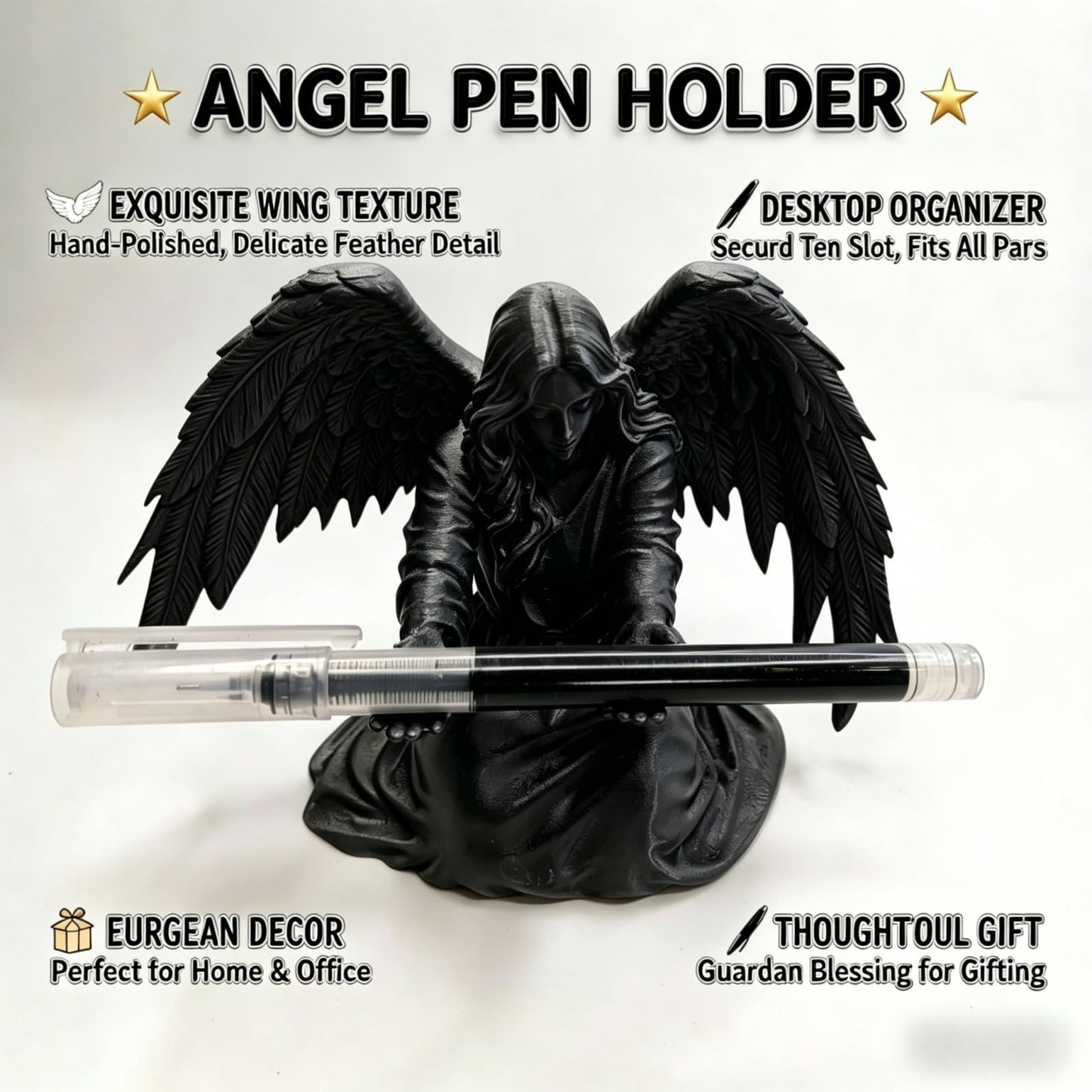 gekoaoo Angel Pen Holder with Hand-Polished Feather Wings, Desktop Organizer, Home & Office Decor, Guardian Gift (Black)