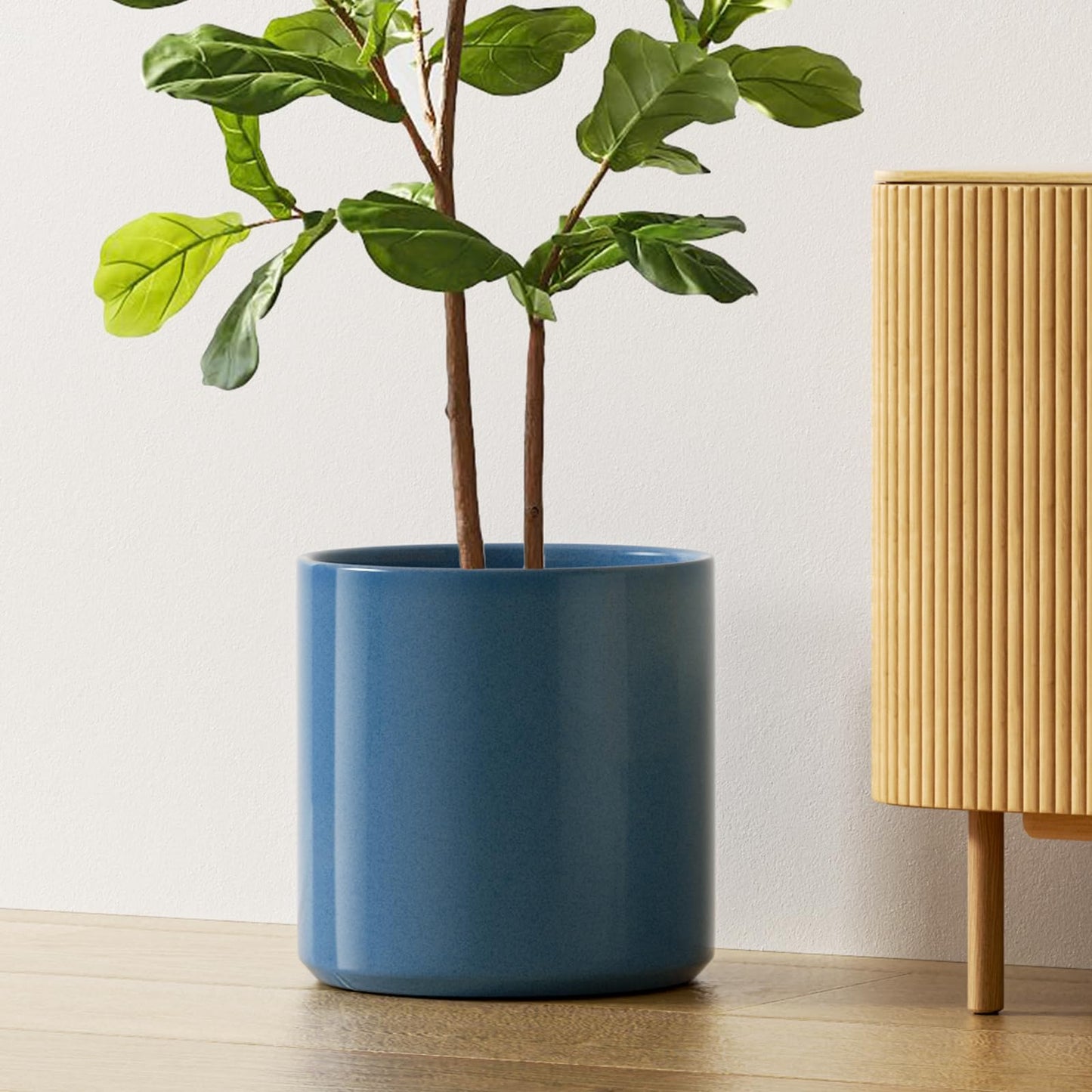 LE TAUCI 12 Inch Pot for Plants, Ceramic Planters for Indoor Plants, Mid-Century Modern Cylinder Flower Pots with Drainage Hole, Fits Fiddle Leaf Fig & Monstera, Home Decor, Harbor Blue