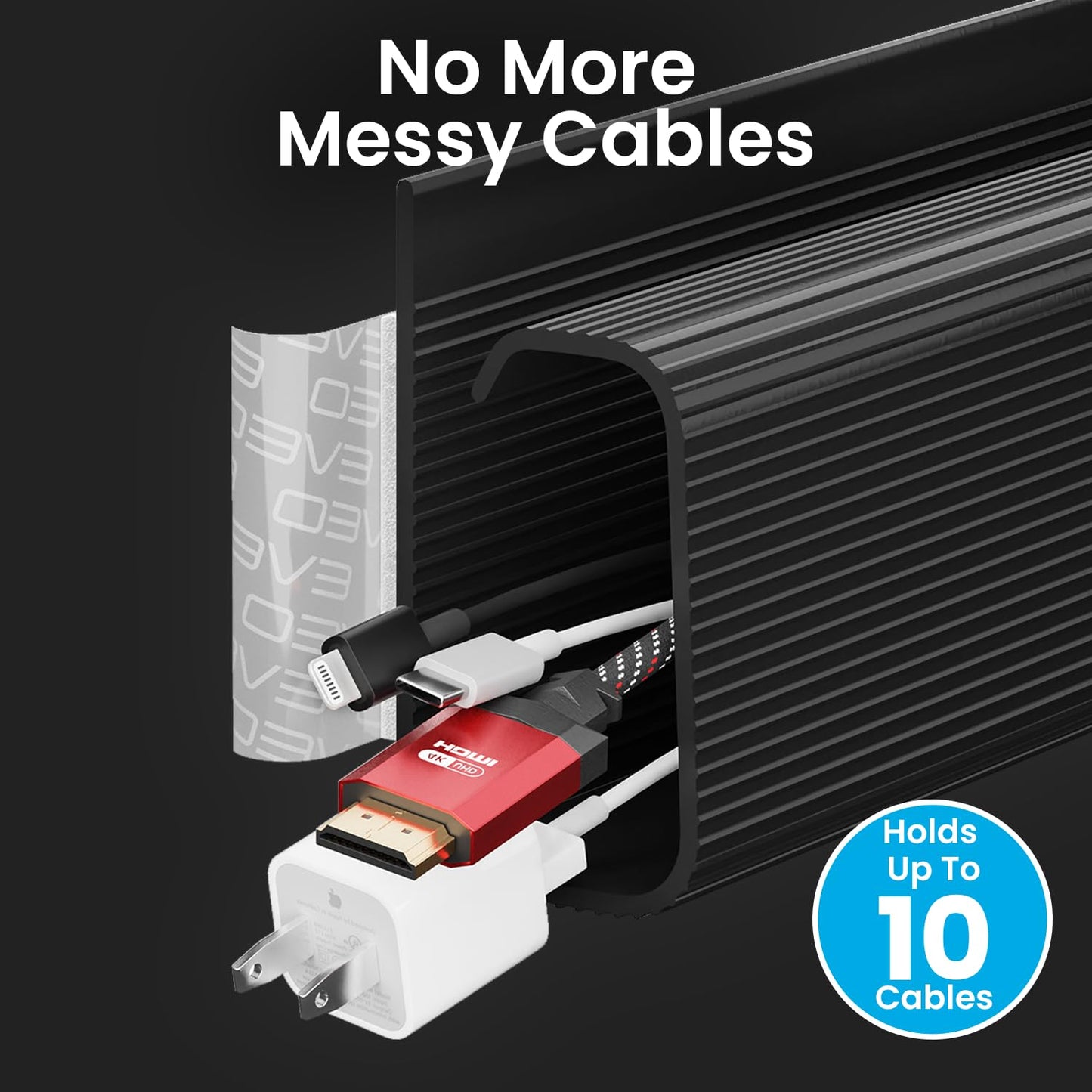 EVEO Cable Management Under Desk Kit (6 Units) - Under Desk Cable Management Cord Hider, Cable Hider Cord Management, Cable Organizer, Cord Organizer Tray | Self-Adhesive 96'' J Channel 6X16 - Black