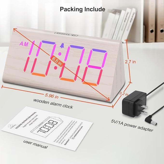DreamSky Wooden Digital Alarm Clock for Bedroom with RGB Large Numbers | Electric Desk Clock, USB Port, Loud Alarm for Heavy Sleepers, Dimmer and Volume Control, Snooze, Wood Décor, Adapter Powered