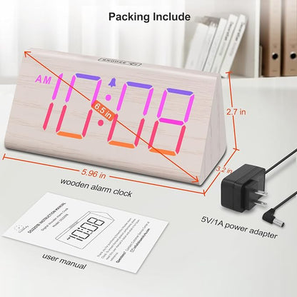 DreamSky Wooden Digital Alarm Clock for Bedroom with RGB Large Numbers | Electric Desk Clock, USB Port, Loud Alarm for Heavy Sleepers, Dimmer and Volume Control, Snooze, Wood Décor, Adapter Powered
