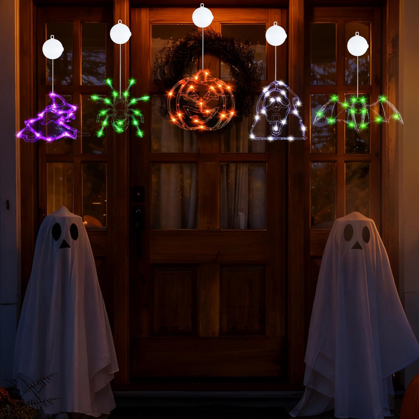 Wlicon 5 PCS Halloween Lights Decorations Green Spider Orange Pumpkin White Ghost Purple Witch Green bat with Suction Cups and Battery Operated Halloween Lights with Timer for Window House Decoration
