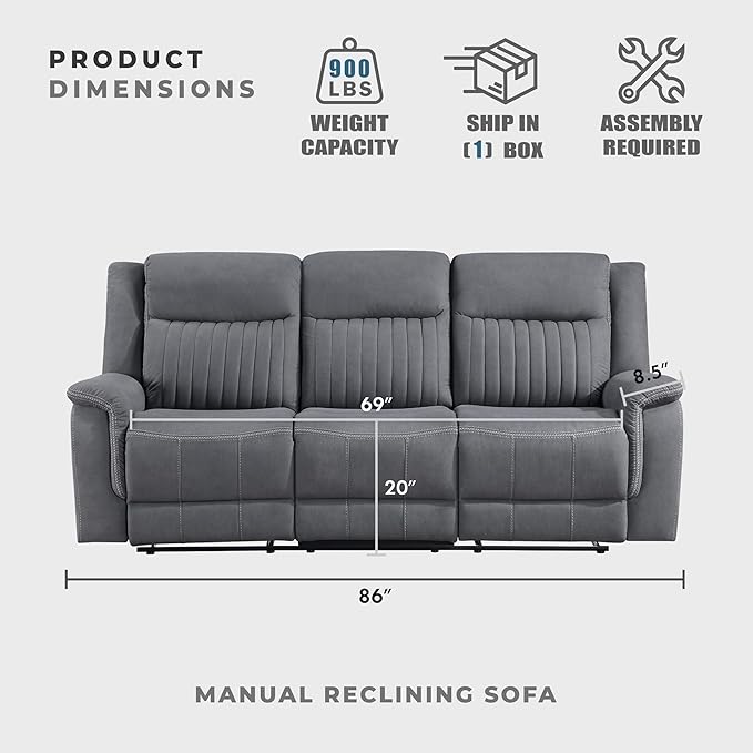 Lexicon Manual Double Reclining Sofa, Polished Microfiber Upholstered 3 Seater