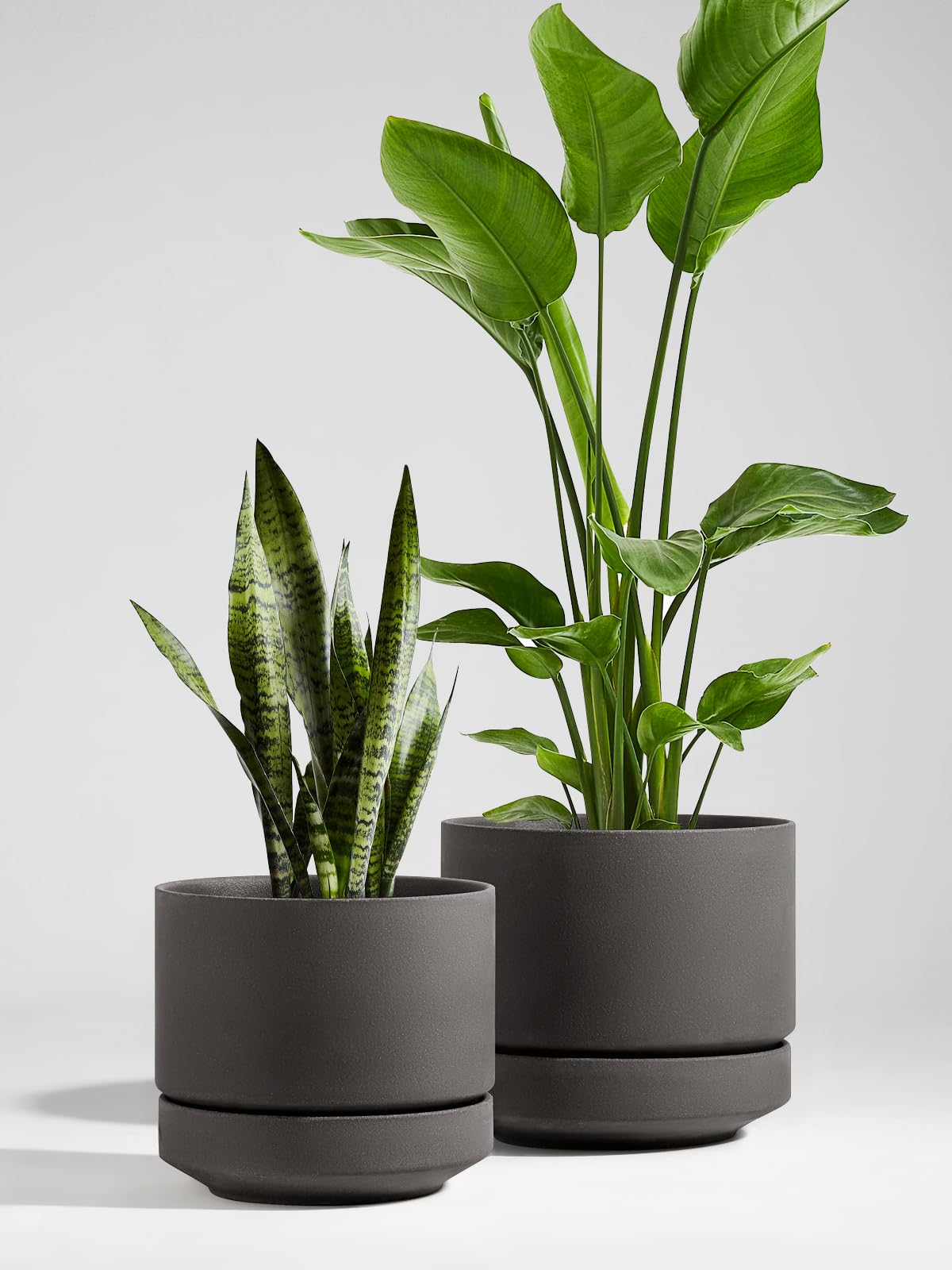 LE TAUCI 14 Inch Large Plant Pot with Saucer, Ceramic Outdoor & Indoor Big Planter with Drainage Hole, Mesh Pad Included, Unglazed Porous, Modern for Home and Patio, Charcoal Gray
