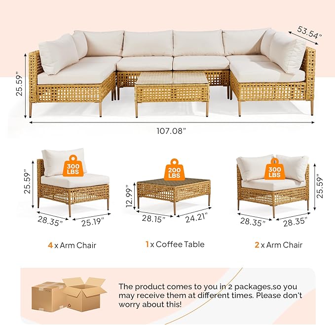 VINGLI 7 Piece Patio Sectional Furniture Set, Wicker Outdoor Furniture