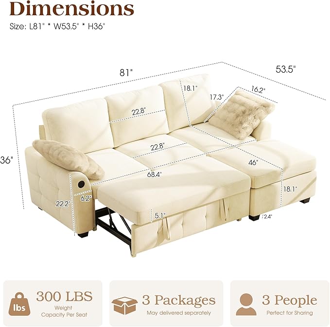 Ihanherry Modular Convertible Sectional Sofa Bed, Reversible Chaise & Storage