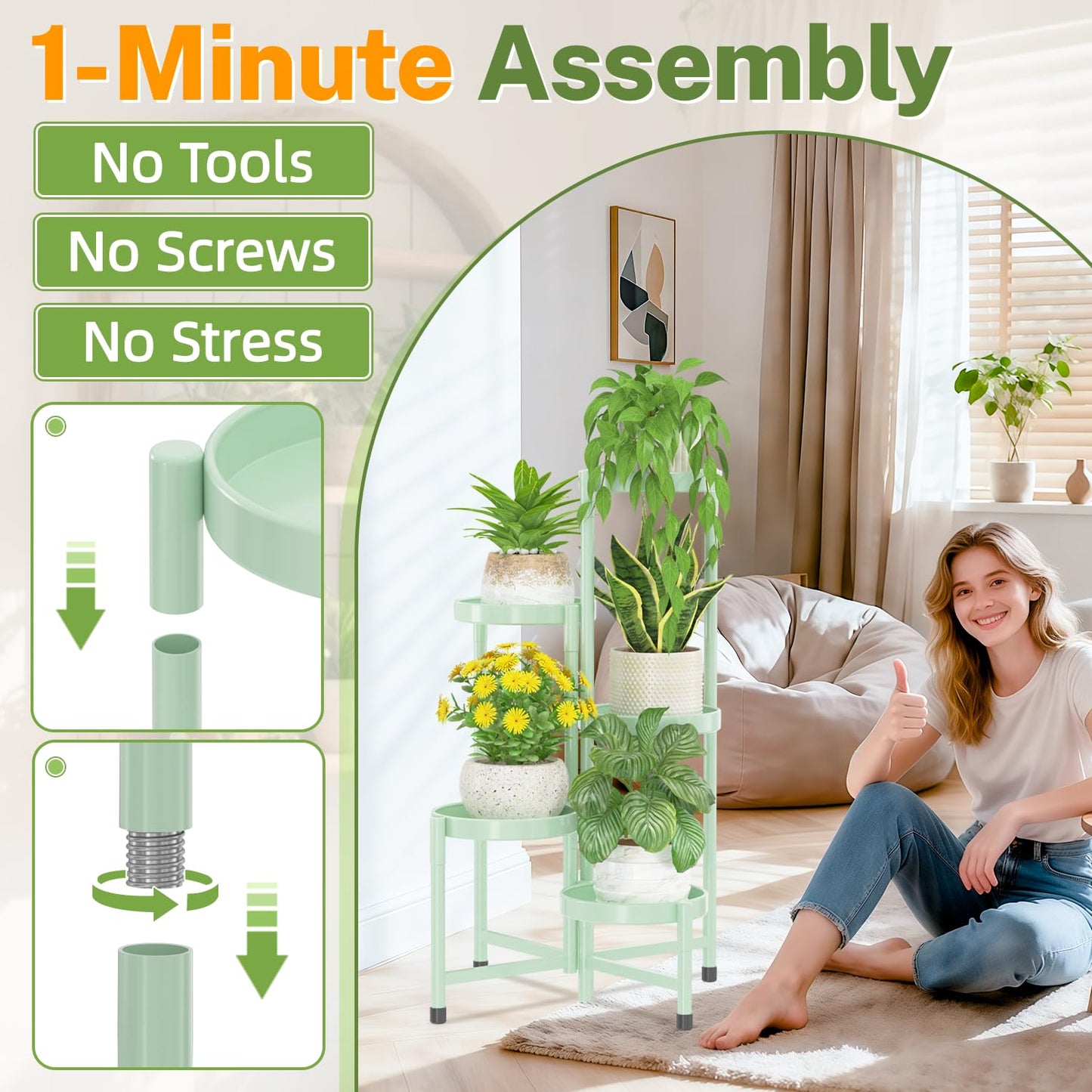 iDavosic.ly Plant Stand Indoor Outdoor, 5 Tier Corner Metal Flower Display Holder Shelf, Folding Tall Orchid Rack for Patio Balcony Porch Garden Living Room House, Light Green