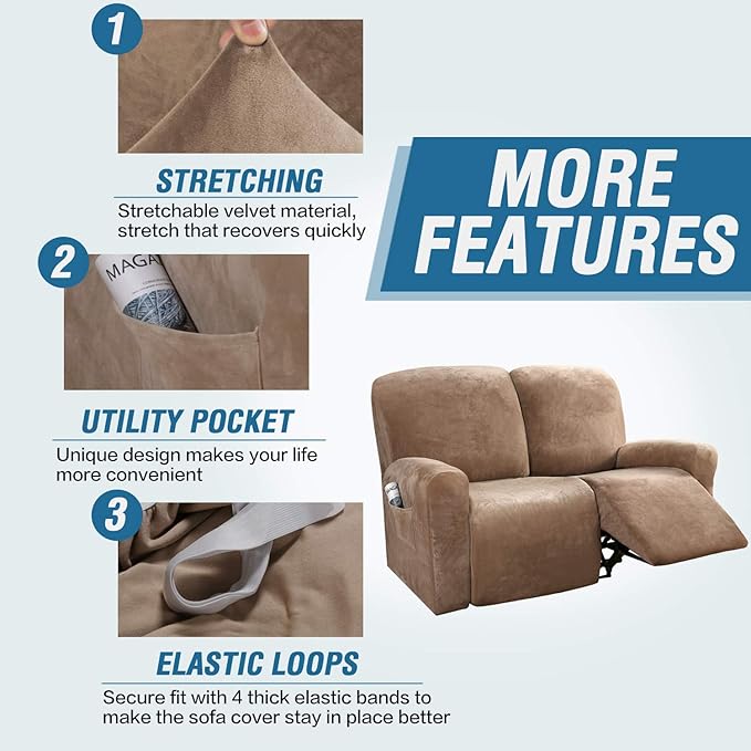 H.VERSAILTEX Velvet Stretch Recliner Couch Covers 6-Pieces Recliner Loveseat