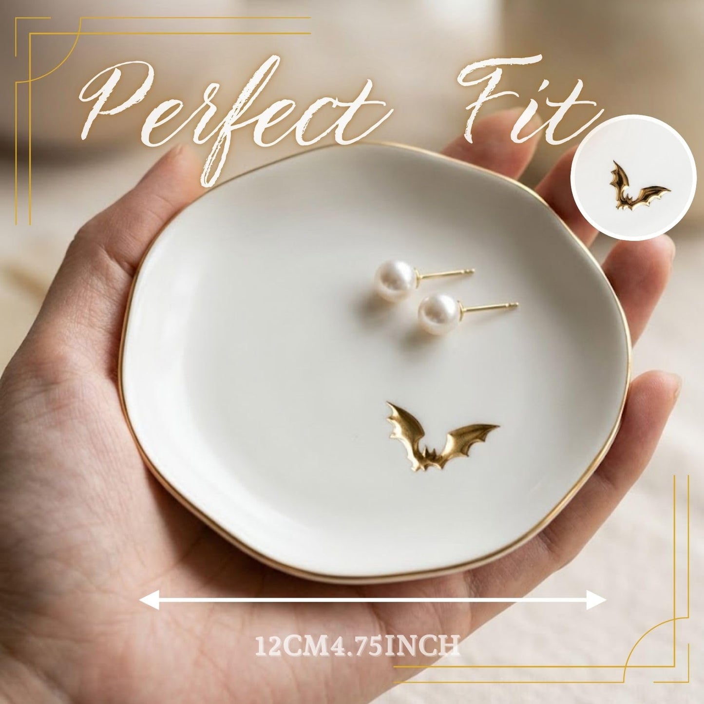 InnoBeta Bat gifts, Halloween Goth gifts, Bat Decorative Trinket Dish, 4.75" Handcrafted Ceramic Ring Dish with Gold Trim, Birthday Gift for Women