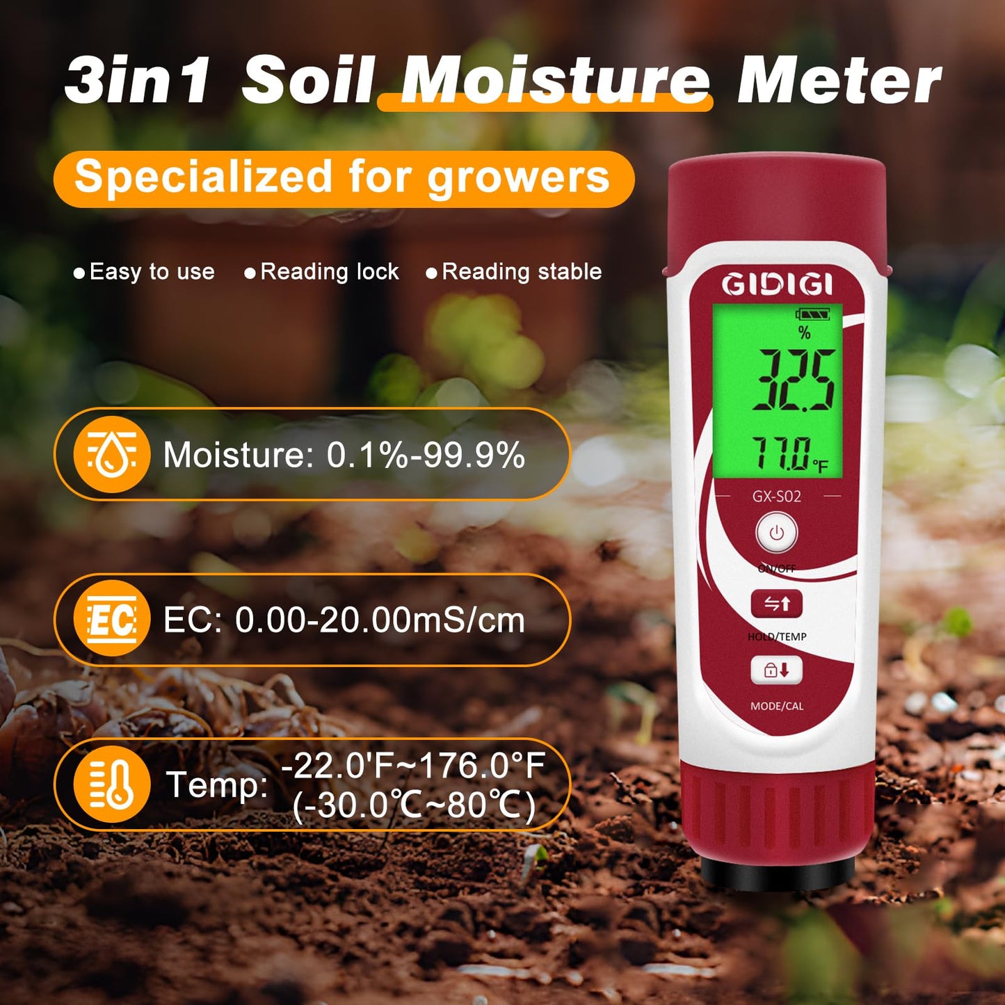 GIDIGI Moisture Meter for Plants, 3 in 1 Digital Soil Moisture Meter，Soil Moisture Meter and Soil EC Meter for Farms, Gardens, Orchards, Home Planting, Indoor Plants, Composting and Other Scenarios