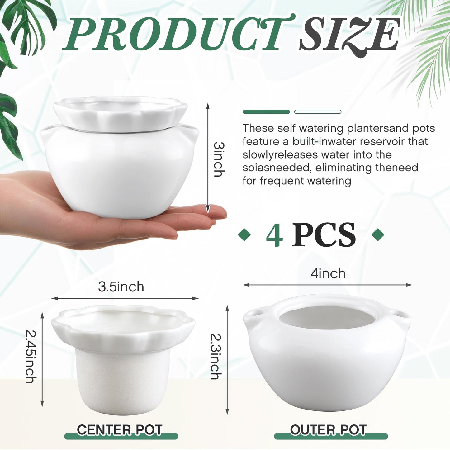 Sunnychicc 4 Set 4 Inch African Violet Pots Self Watering White Ceramic Planter Highly Absorbent Inner Planter Pot for Indoor Plants Plant Lovers Ideal Plant Pot Thriving Plant Flower Maintenance
