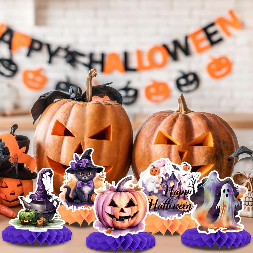 9 PCS Halloween Honeycomb Centerpieces for Table Decoration,Evil Pumpkin Skull Ghost Black Cat 3D Table Topper Sign Purple Orange for Happy Halloween Party Favor Bar Haunted House Decoration