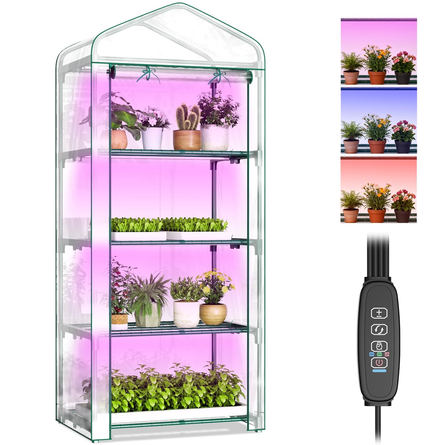 Indoor Greenhouse with Grow Light, 4-Tier Mini Greenhouse 27.6"x19"x63" Small Greenhouse with Zippered PVC Cover for Seed Starting Trays, Dimmable Plant Light for Indoor Plants with Timer