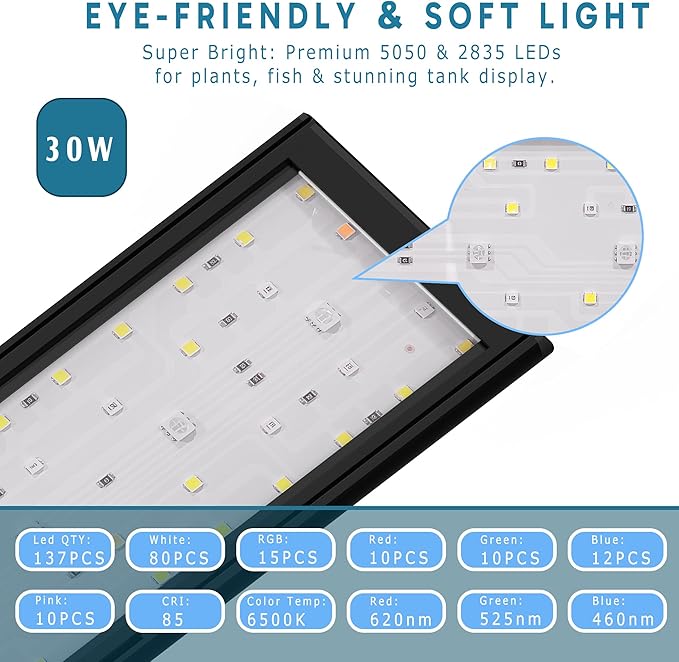 24/7 LED Aquarium Light with Remote for 30-36 Inch Plant & Fish Tank IP68, 12-Color & Gradient & Full Spectrum Light with Timer, Auto On/Off, Brightness, Extendable Brackets for Freshwater