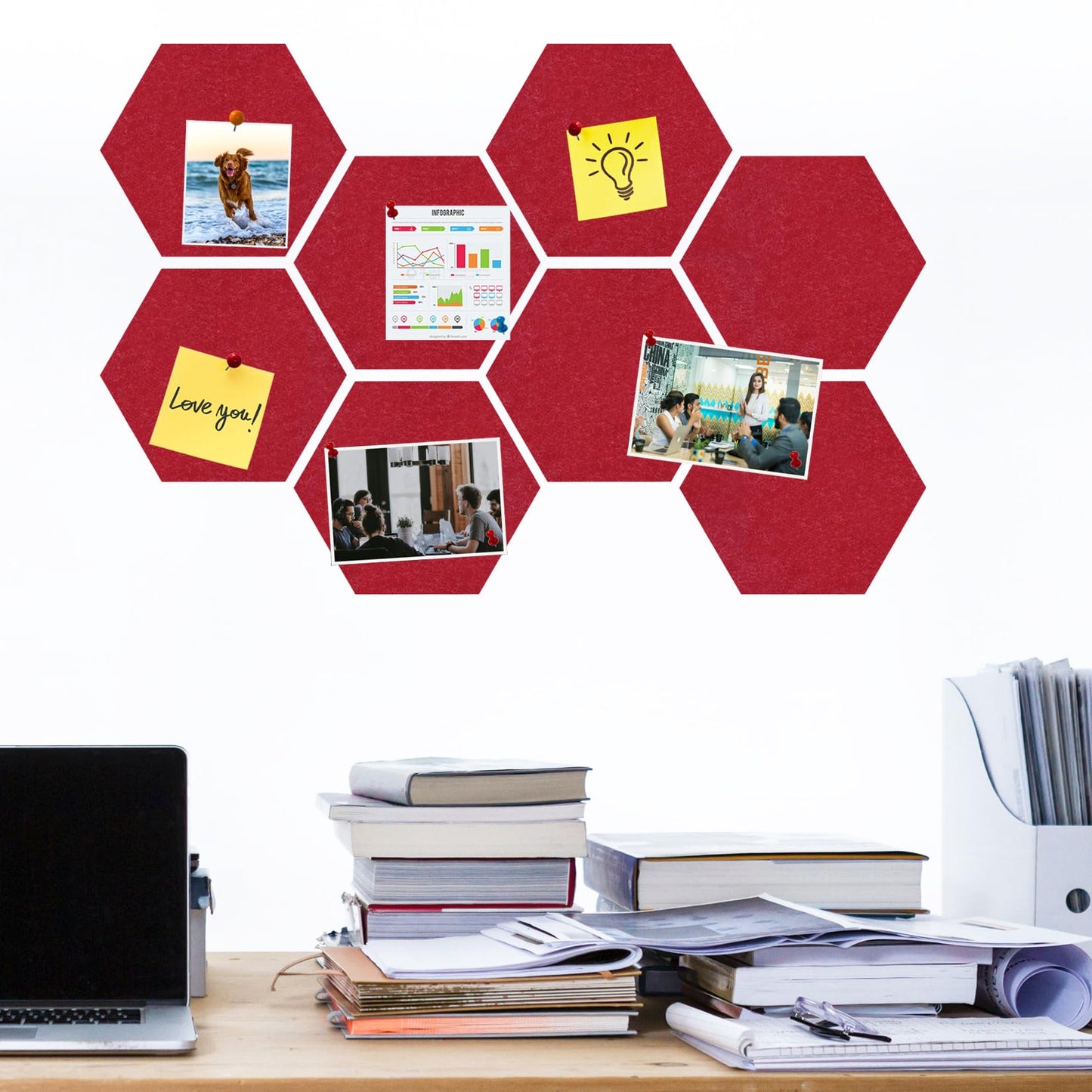 HULAVO Large Hexagon Felt Cork Board Tiles, Self Adhesive DIY Felt Bulletin Board Pin Board with 35 Pushpins for Office School Home Wall Decor Stickers Memos Photos Display(Red)