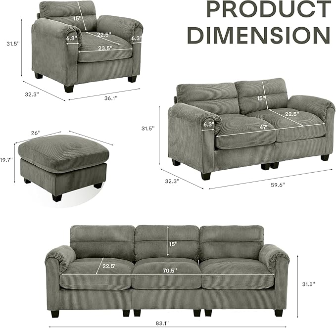 HAOMARKETS Corduroy Sofa Set, Upholstered Armchair Set of 2 and 3-Seater Sofa