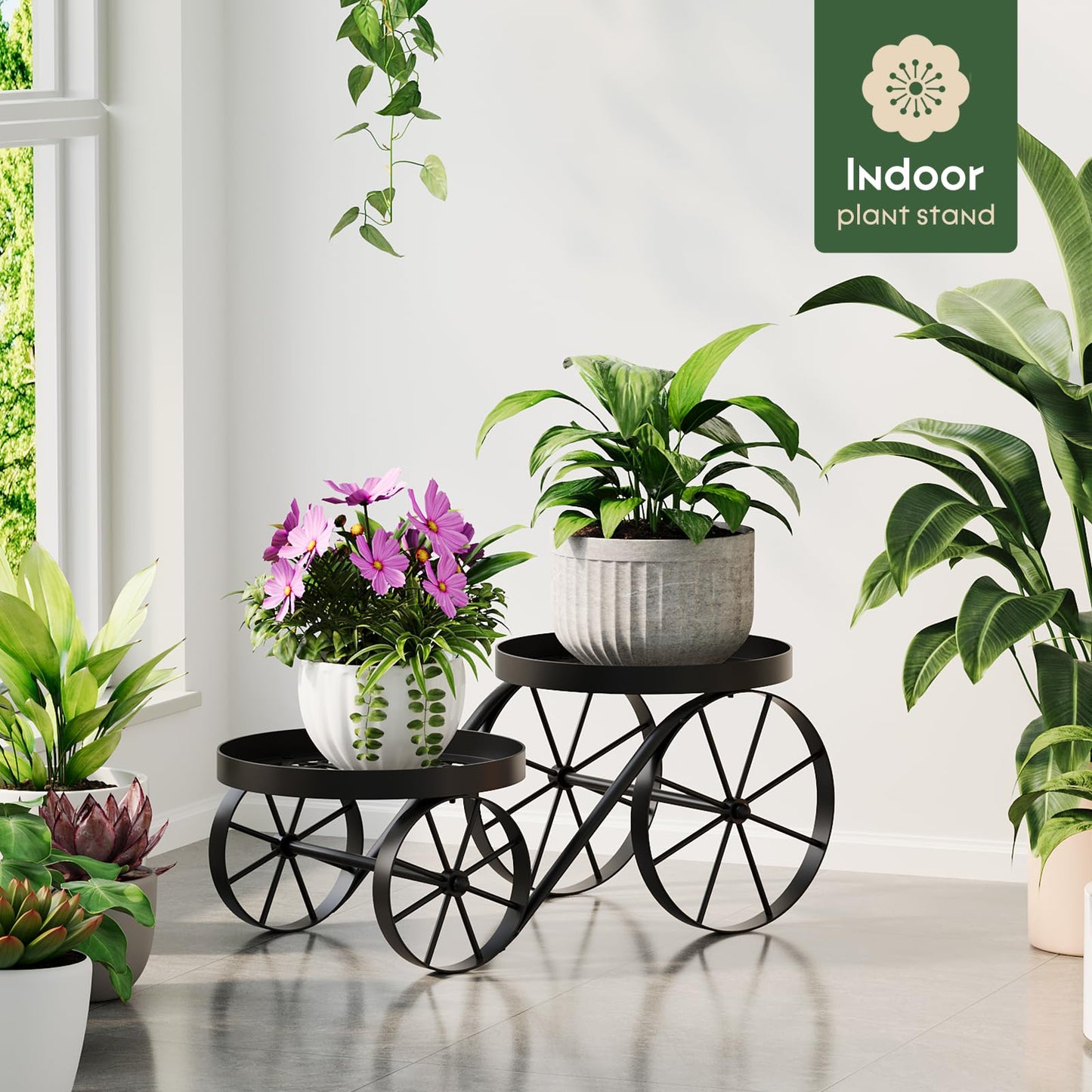WELUKGUUD Metal Plant Stand Indoor Outdoor, 2-Tier Multi-Use Display Rack, Anti-Rust Iron Flower Pot Holder with Decorative Wagon Wheels, Home Decor for Corner, Patio, Bathroom (Black)