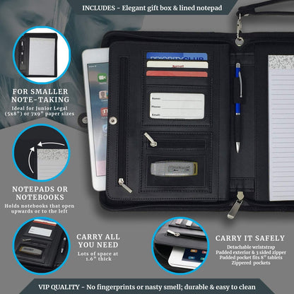 Zippered Portfolio Binder with Junior Legal 5x8 Notepad - Matt Black PU Faux Leather Business Padfolio Organizer Folder with 8 Inch Tablet Sleeve & Gift Box by Lautus Designs