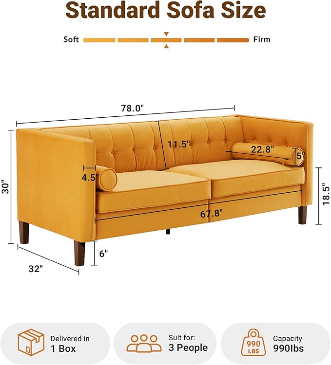 Dreamsir 78'' W Velvet Sofa, Mid-Century Love Seats Sofa Furniture