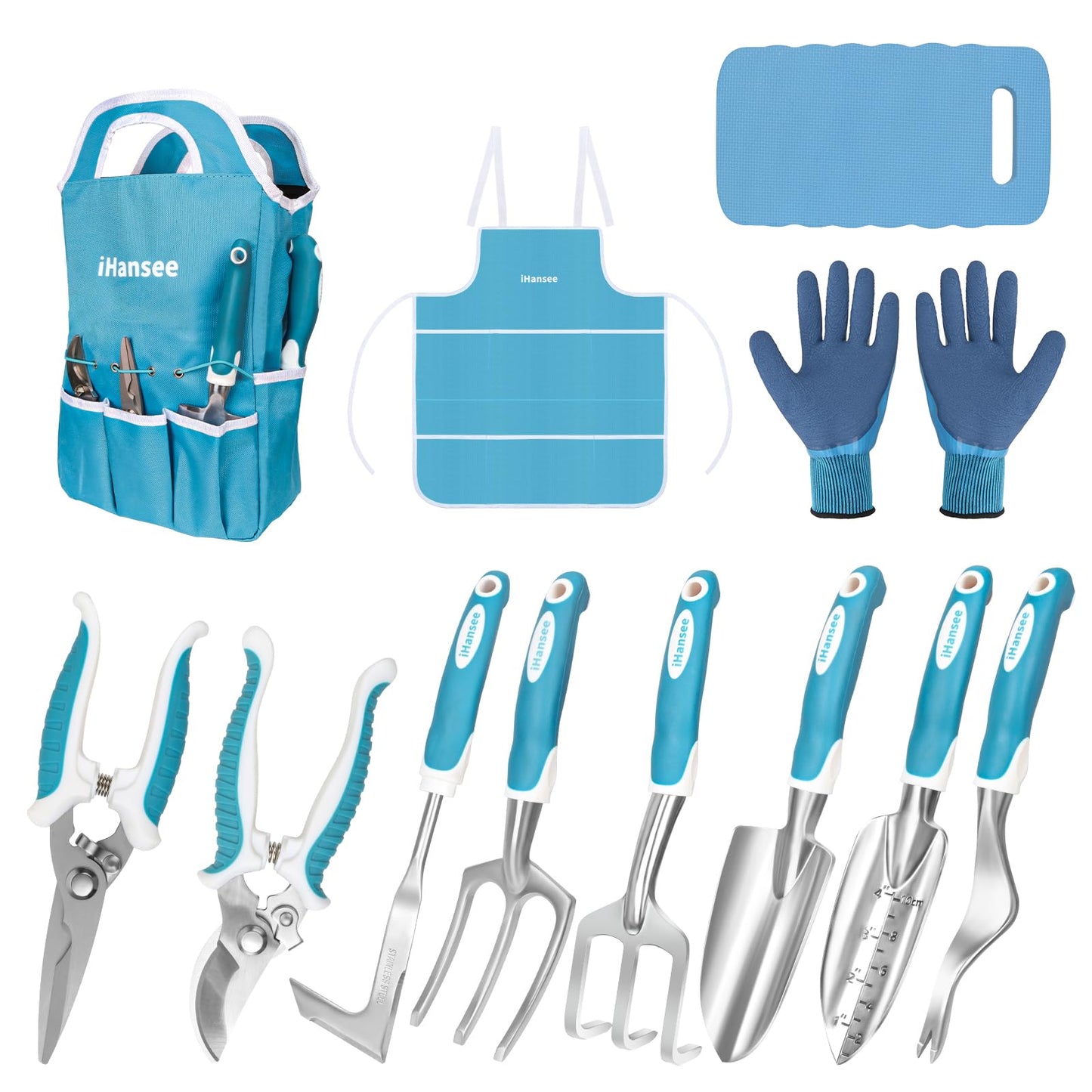 Blue Garden Tool Sets 12-Piece, Aluminum Gardening Hand Tools w/Ergonomic Handle, Garden Supplies Organizer Handbag, Kneeling Pad, Apron and Gloves, Gift for Women, Garden Starter Kit for Women