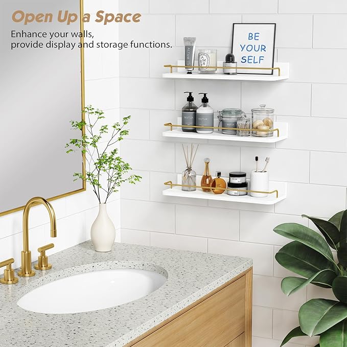 Forbena Gold Floating Shelves for Wall Decor Set of 3, Bathroom Shelves Over