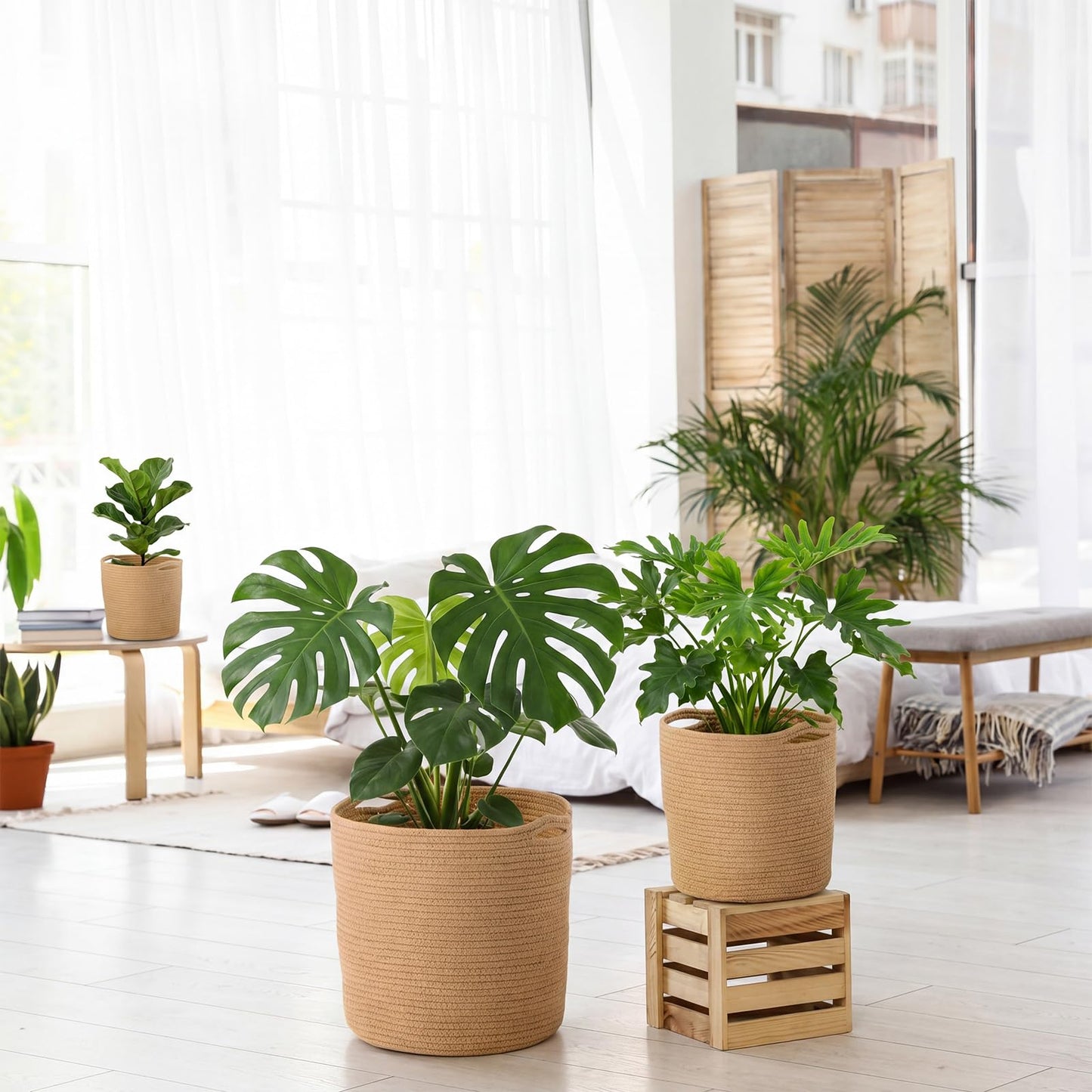 Xuhal 3 Pcs Plant Basket Woven Storage Basket Boho Planter Baskets Modern Woven Flower Tree Pots for Home Decor Blankets Organization (Khaki‌)