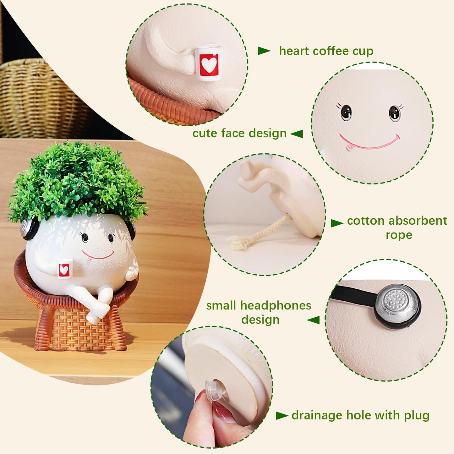 Self Watering Planter Pot Cute Resin Flower Head Planters for Indoor Outdoor Handmade Smily Face Pot Unique Cane Chair Succulent Pots with Drainage Gift Ideal for Mother and Appreciation Christmas