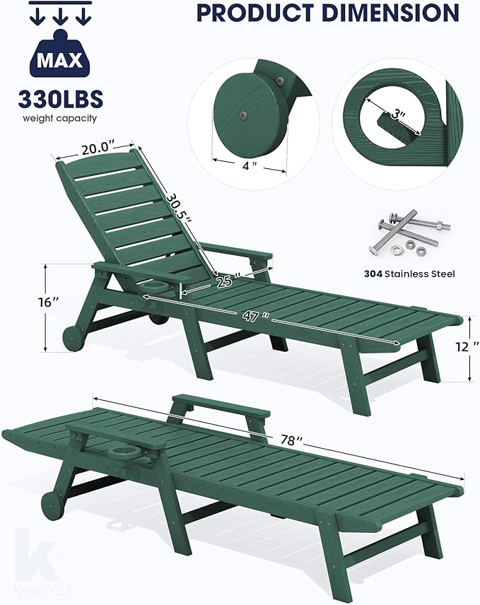 KINGYES HDPE Lounge Chair Outdoor, Patio Chaise Lounge Recliner