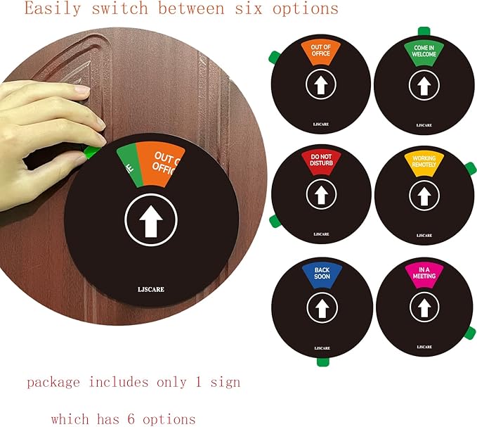Office Door Sign, Do Not Disturb/Come in Welcome/Out of Office/In a Meeting/Back Soon/Working Remotely 6 Options, LJSCARE Privacy Door Sign 6 inch (Black)