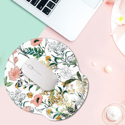 WAVEYU Ergonomic Mouse Pad with Wrist Support, Decorative Mouse Mat, Non-Slip Rubber Base Mousepad for Desk Laptop Gaming Working Computers Easy Typing & Pain Relief, 9''x 10'', White Flower