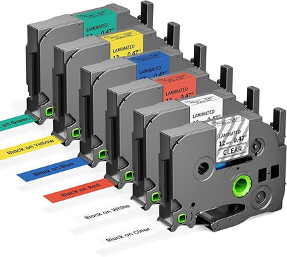 Label Maker Tape Colorful Compatible with Brother P-Touch Label Tape 12mm Laminated Black on White/Red/Blue/Green/Yellow/Clear TZe231 TZe131 TZe431 TZe531 TZe631 TZe731 for PTD210 D220 H110 H111 D410