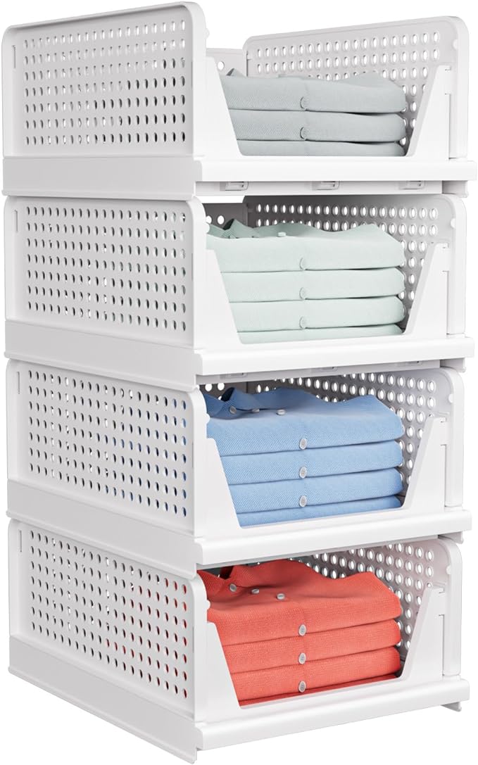 4 Pack Stackable Closet Storage Basket