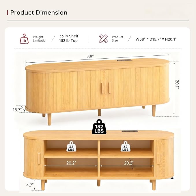 58" Mid Century Modern TV Stand, Wood TV Consoles