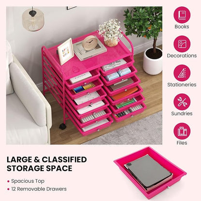 COSTWAY 12-Drawer Rolling Storage Cart, Utility Storage Organizer Cart for Tools, Scrapbook, Paper, Craft, Multipurpose Art Supply Organizer on Wheels for Home Office School, Teacher, Hot Pink