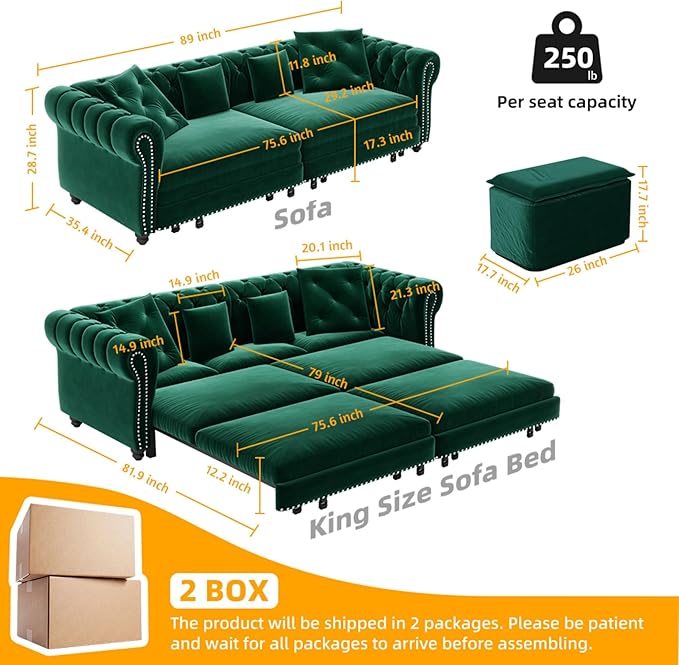 89" Velvet Pull Out Couch Bed