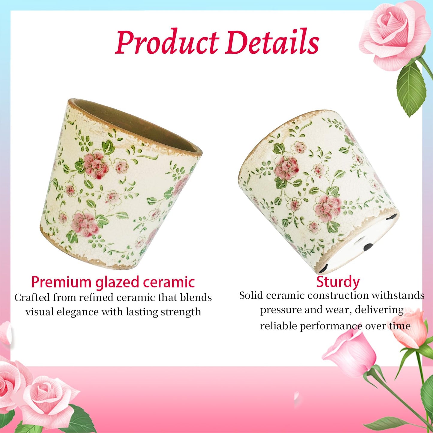 ENIPEDITA 1 Pcs Farmhouse Ceramic Planter with Drainage Hole 5.5 Inch Crack Beige Red Rose Flowers Plant Pots Rustic Antique Decor Gift Large Plants Pot for Kitchen Indoor