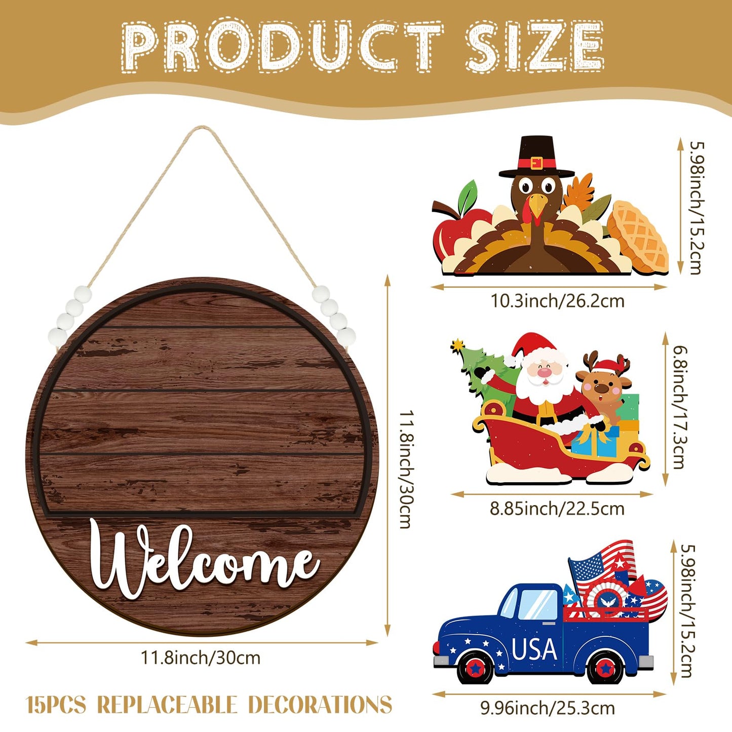Sintuff 16 Pcs 12 Inch Magnetic Welcome Door Sign Interchangeable Front Door Wreath Decor Rustic Seasonal Hanging Sign Patriotic Summer Decor for Home Warming Gift(White Word, Brown Back)