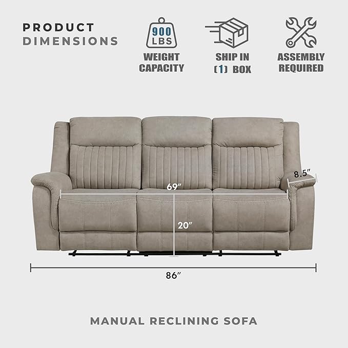 Lexicon Manual Double Reclining Sofa, Polished Microfiber Upholstered 3 Seater