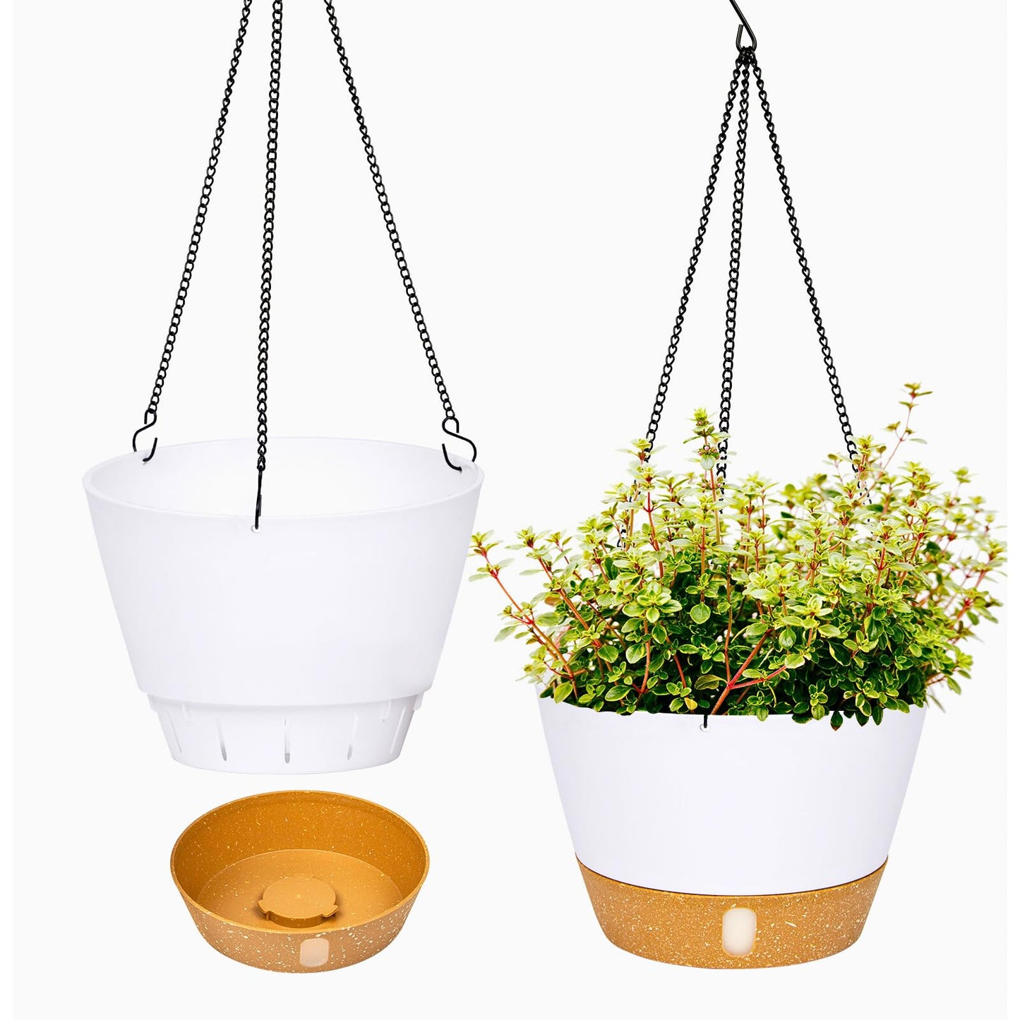 QCQHDU 2 Pack 8 Inch Hanging Planters for Indoor Outdoor Plants, Hanging Baskets Flower Pots with Reservoir Tray & Visible Water-Level