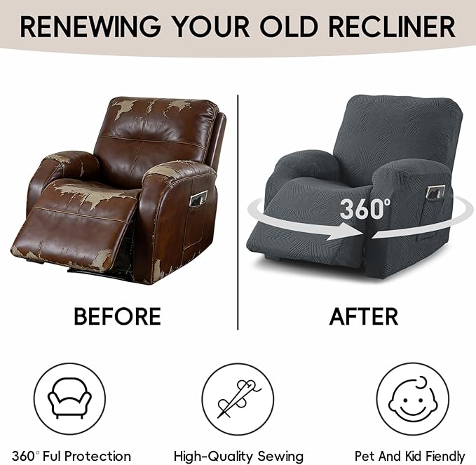 Recliner Chair Covers, 4-Piece Stretch Geometric Strokes Jacquard Reclining