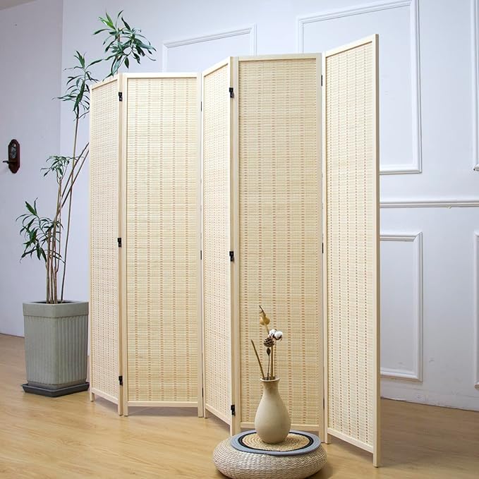Furnnylane 5 Panel Bamboo Room Divider – 5.6 ft Tall Folding Privacy Screen