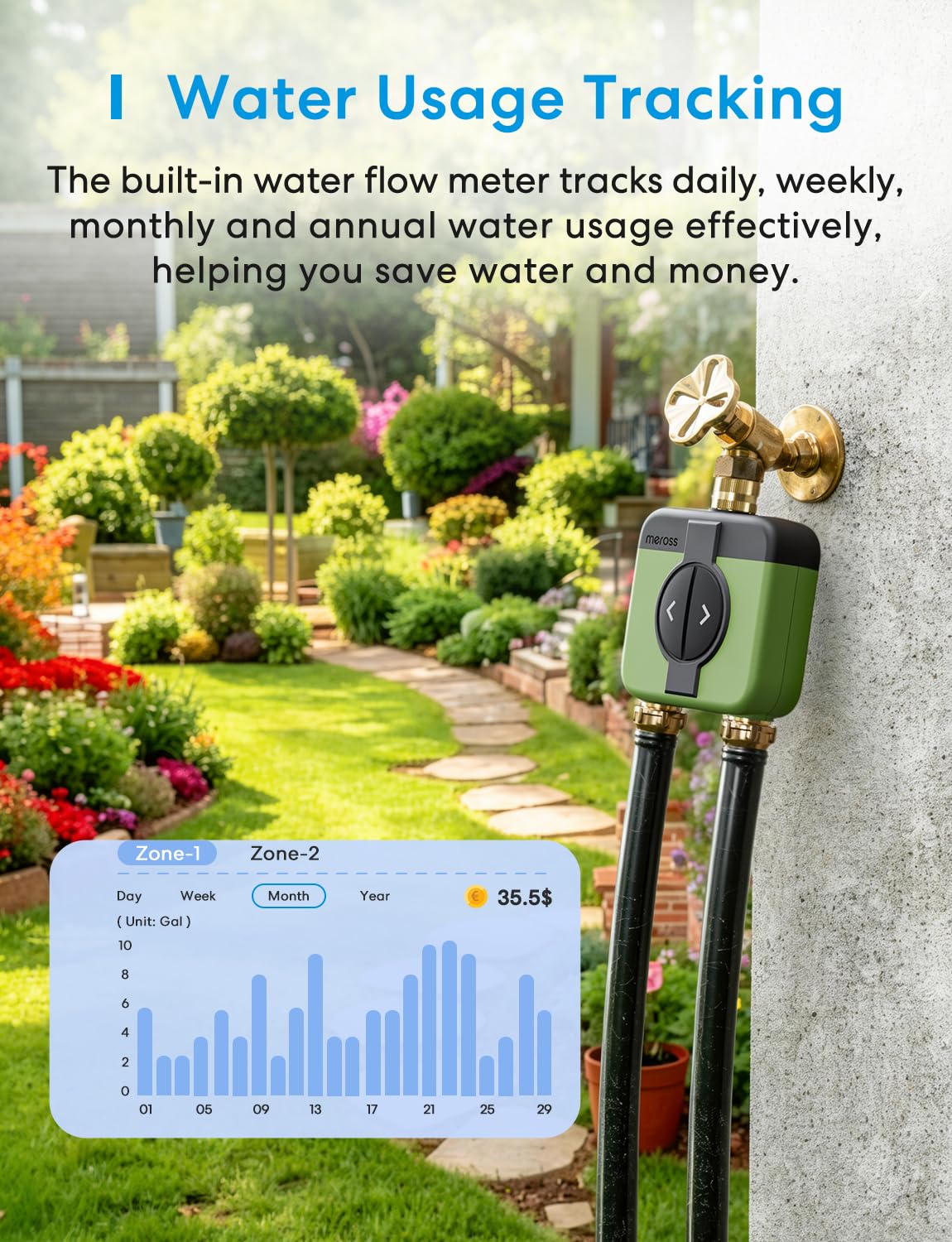 meross WiFi Water Timer for Garden Hose, 2 Zone WiFi Hose Timer with Brass Inlet and Outlet, WiFi Sprinkler Controller, Rain Delay, Smart Water Valve for Garden, Lawn & Yard, Remote & Voice Control