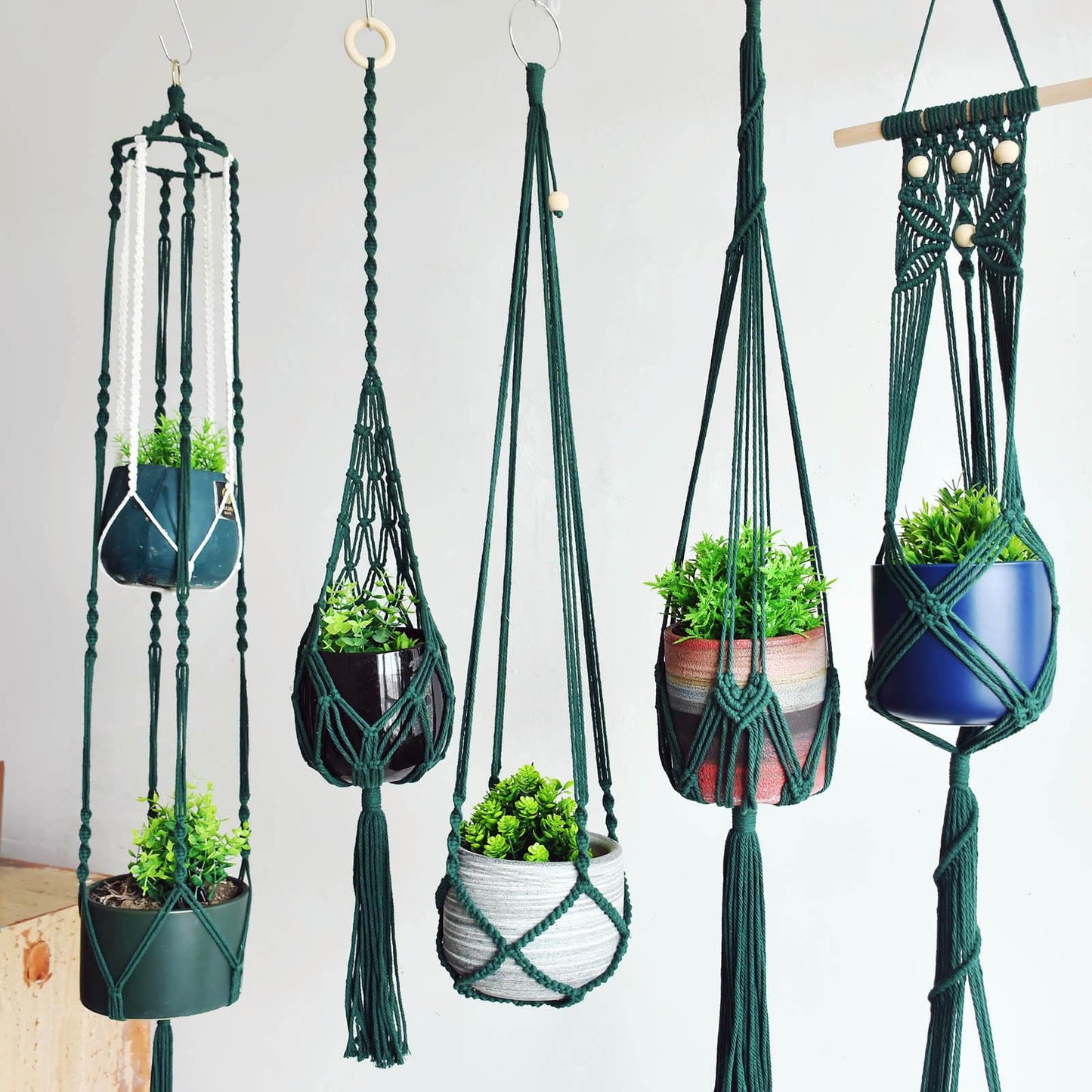 Macravine 5 -Pack Plant Hanging Holder, Indoor Boho Plant Pot Holder, Handmade Art Plant Hanger, Chic Plant Hanger for Ceiling/Window/Garden Decor, 40",50",63", Dark Green(No Pot & Plant Included)
