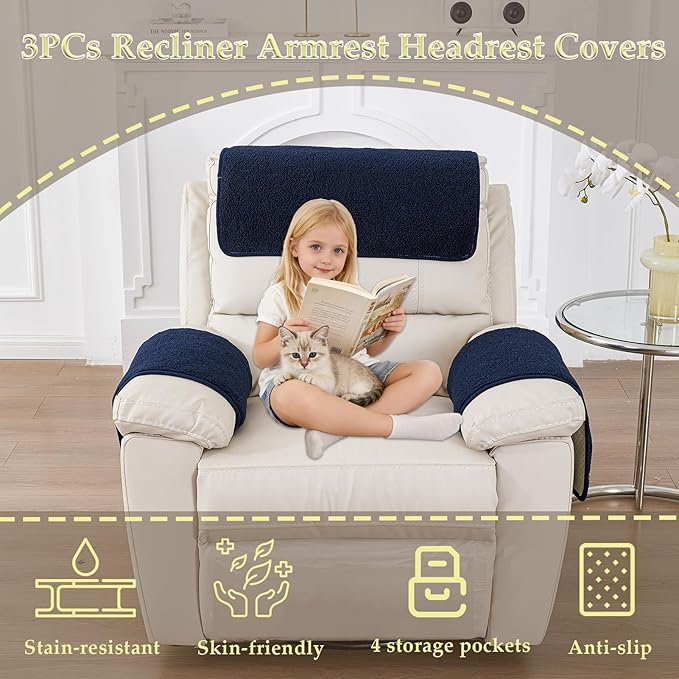 Armrest Covers - Arm Chair Covers Set of 3 Recliner Chair Covers,