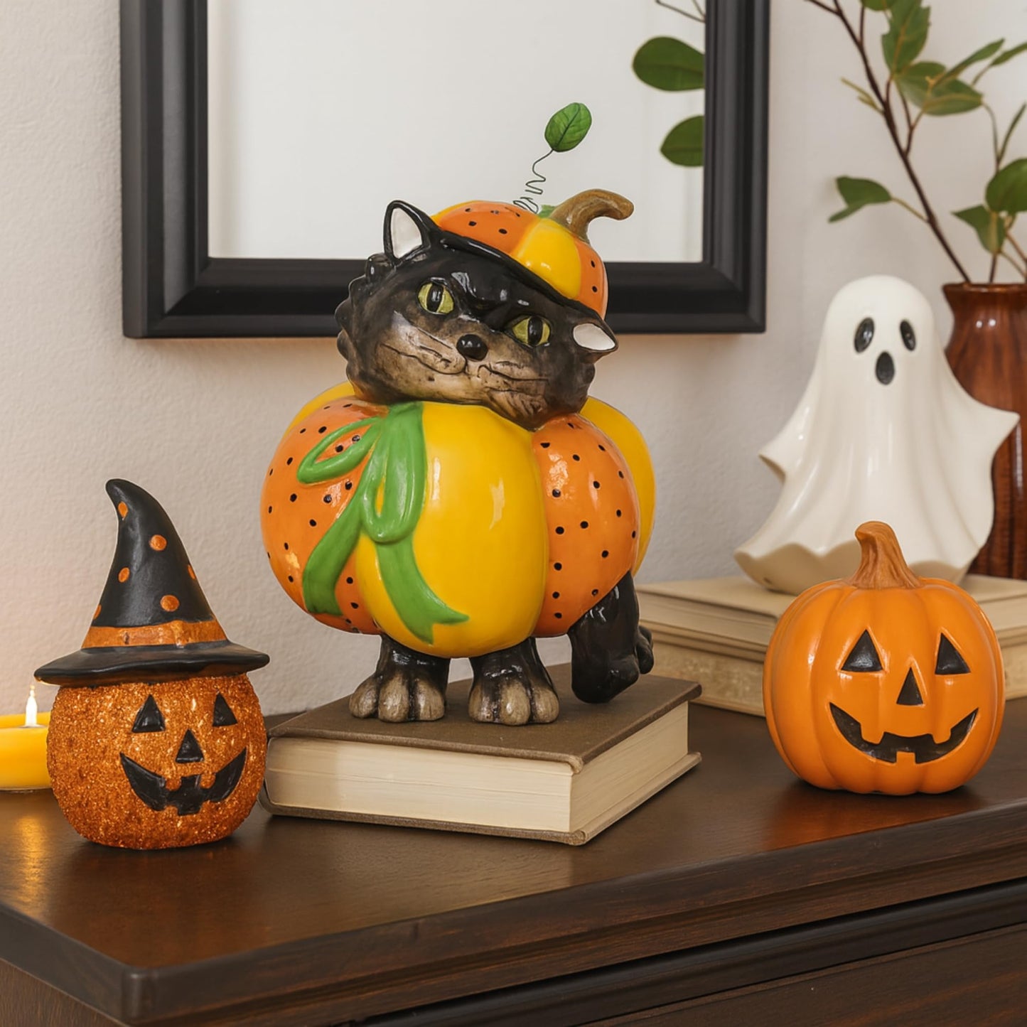 Blue Sky Clayworks Pumpkin Cat Figurine, 7.75 in H, Halloween Decor