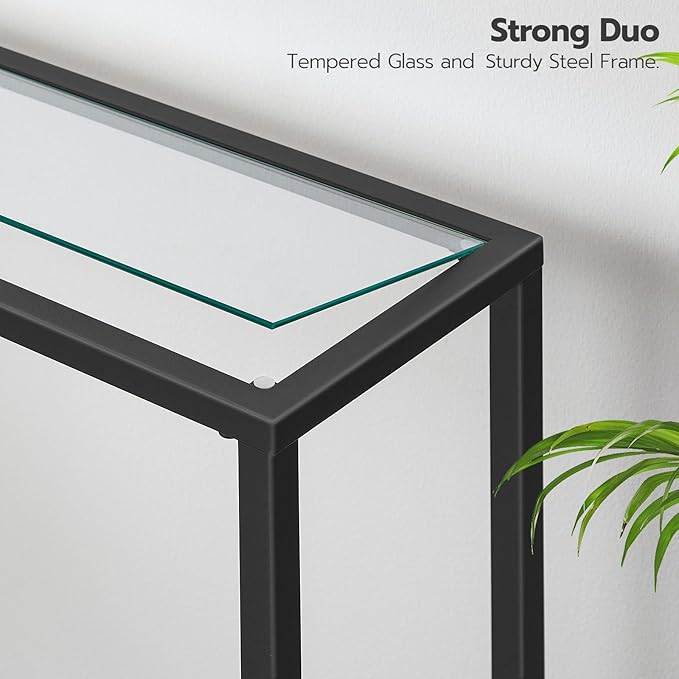 HOOBRO 39.4" Narrow Console Table, Tempered Glass Sofa Table, Behind Couch